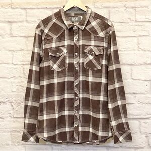 BKE XL Flannel Men’s Plaid Brown Shirt Western Pearl Snaps Tailored Fit